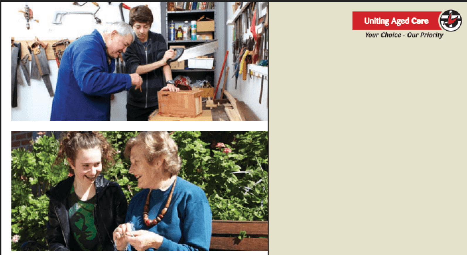 An older adult and a younger person working together in a workshop. The older adult uses a tool on a wooden project while the younger person looks on nearby. Hand tools, timber and workshop equipment are visible on the walls and benches, highlighting skill sharing, hands-on activities and intergenerational connection.