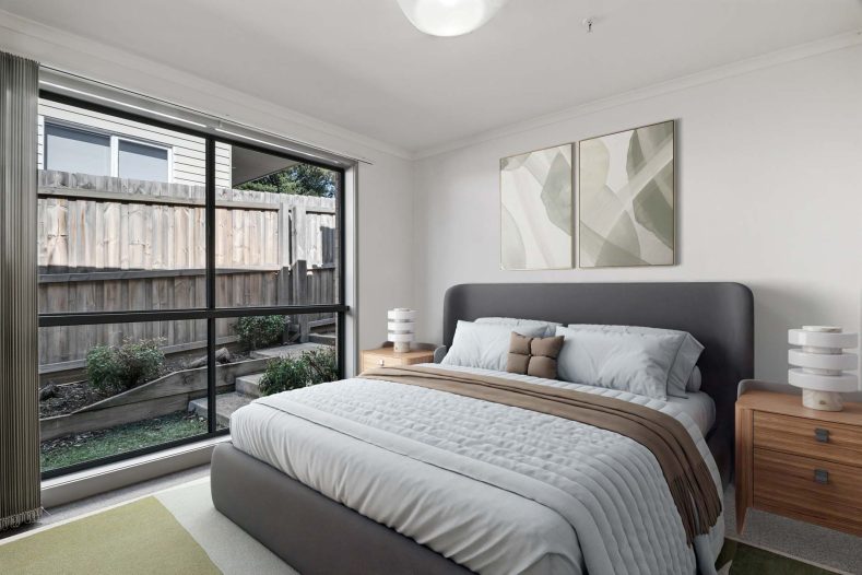 Bedroom with garden access is pictured.