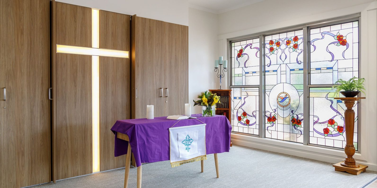 Chapel area with stained glass window