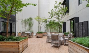 Small trees and a variety of seating options pictured in a courtyard space.