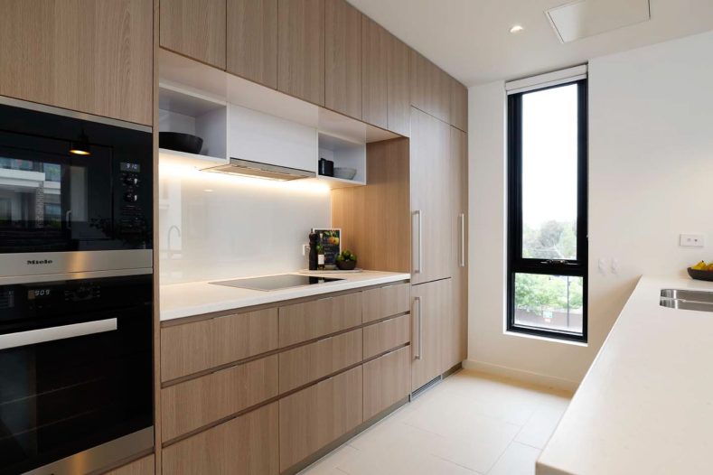 A close-up of the kitchen area in the apartment.