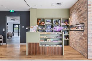 A minimart with green walls and wooden elements is insight. There are products placed on shelves, including teddy bears, lavender themed tproducts, books and cards.