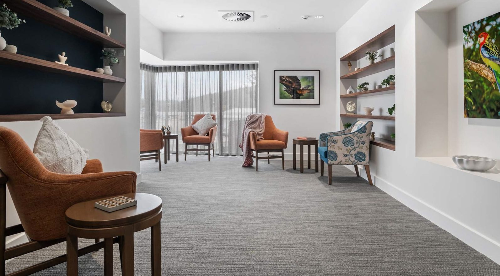 Spacious lounge area with several different seating arrangements