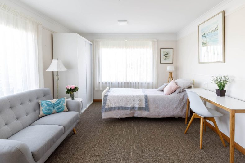 Well-lit room with lamp, desk and chair with pot plant, couch with coushin and single bed.