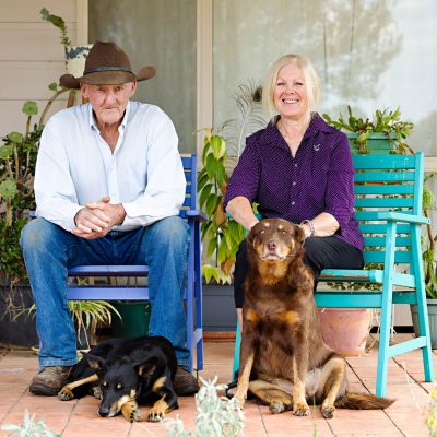 Two people sitting on porch with two dogs.
