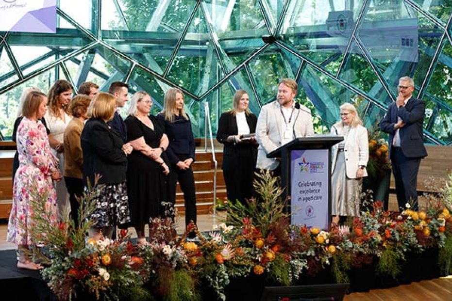 Team on stage accepting award.