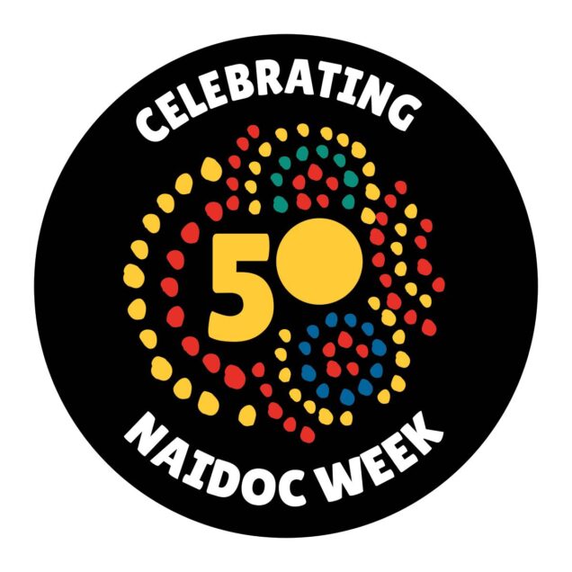 circular graphic celebrating NAIDOC Week 50 features the words “Celebrating 50 NAIDOC Week” in white text around the edge of a black background. The number 50 appears prominently in the centre, surrounded by colourful dot-pattern artwork in yellow, red, blue and green inspired by Aboriginal artistic traditions. The design marks the 50th anniversary of NAIDOC Week and celebrates Aboriginal and Torres Strait Islander cultures, histories and achievements.